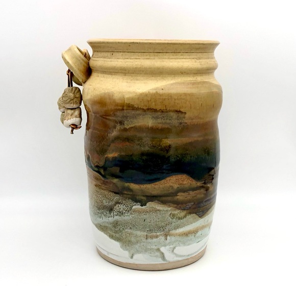 Large Pottery Crock Vase Hand Made Beads On Leather Dangle Applied Floral Relief - Picture 4 of 15